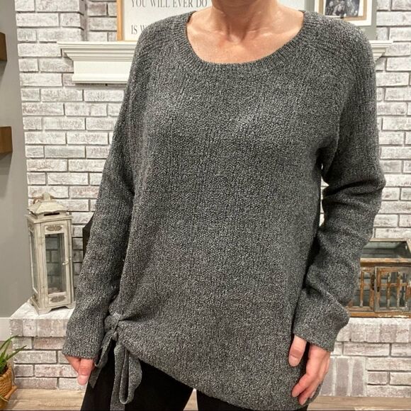T Tahari Gray‎ Knit Marled Side Tie Sweater Medium Cozy knit stretch oversized - Picture 1 of 6
